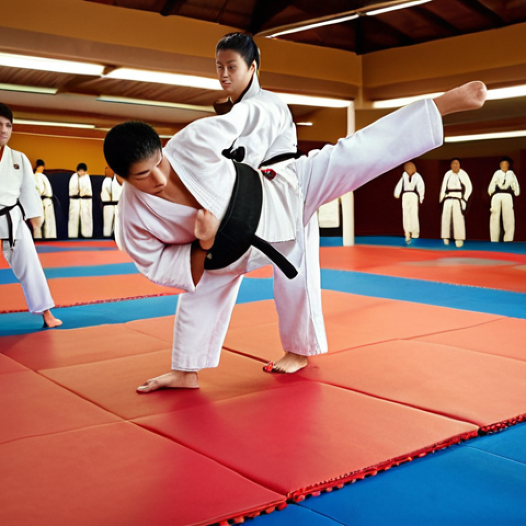 **

Taekwondo training scene. Focus on the padded puzzle mats floor with Taekwondo practitioners in traditional doboks practicing kicks and stances. Show dynamic movement and emphasis on the floor providing stability and cushioning. Warm lighting, slightly blurred background to highlight the action.

**