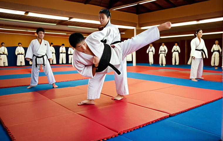 **

Taekwondo training scene. Focus on the padded puzzle mats floor with Taekwondo practitioners in traditional doboks practicing kicks and stances. Show dynamic movement and emphasis on the floor providing stability and cushioning. Warm lighting, slightly blurred background to highlight the action.

**