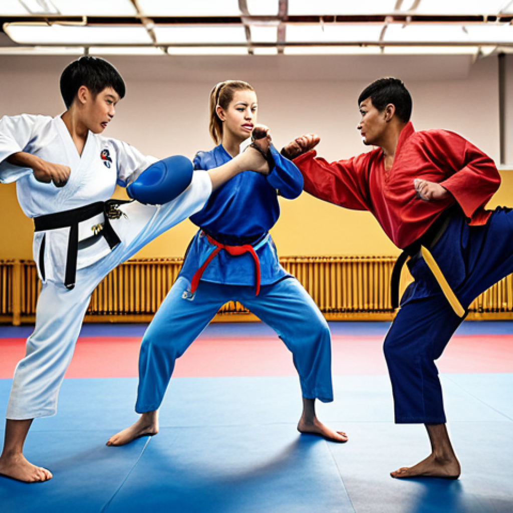 **

A dynamic Taekwondo training scene showing diverse athletes practicing together, exchanging techniques, and supporting each other. Focus on energy, camaraderie, and the blending of different skillsets within a team.

**