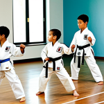 **Prompt 1: Young Taekwondo Practitioners**
    A group of diverse young children, aged 4-10 years old, wearing clean, modest white Taekwondo doboks with various colored belts. They are standing respectfully in a brightly lit Taekwondo dojang with a polished wooden floor and a mirrored wall. The children are performing a basic, disciplined Taekwondo stance, their faces showing focus and determination. The overall atmosphere is positive and encouraging, emphasizing early discipline and motor skill development. Professional photography, full shot. Perfect anatomy, correct proportions, natural pose, well-formed hands, proper finger count, natural body proportions. safe for work, appropriate content, fully clothed, family-friendly.