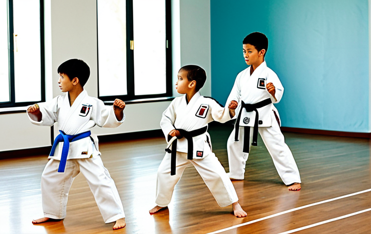 **Prompt 1: Young Taekwondo Practitioners**
    A group of diverse young children, aged 4-10 years old, wearing clean, modest white Taekwondo doboks with various colored belts. They are standing respectfully in a brightly lit Taekwondo dojang with a polished wooden floor and a mirrored wall. The children are performing a basic, disciplined Taekwondo stance, their faces showing focus and determination. The overall atmosphere is positive and encouraging, emphasizing early discipline and motor skill development. Professional photography, full shot. Perfect anatomy, correct proportions, natural pose, well-formed hands, proper finger count, natural body proportions. safe for work, appropriate content, fully clothed, family-friendly.