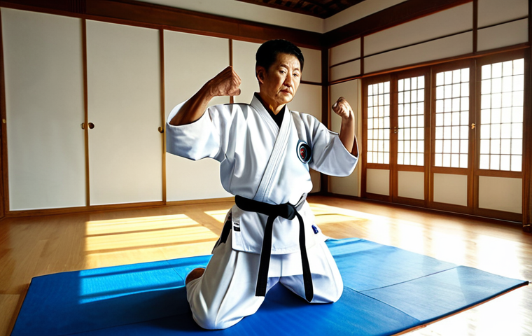 Taekwondo Master in Training**

"A fully clothed, mature Taekwondo master practicing forms in a traditional dojang. Focus on disciplined posture and respectful demeanor. Modest clothing, perfect anatomy, correct proportions, natural pose. Sunlight streaming through the window. Professional lighting, safe for work, appropriate content, family-friendly."

**