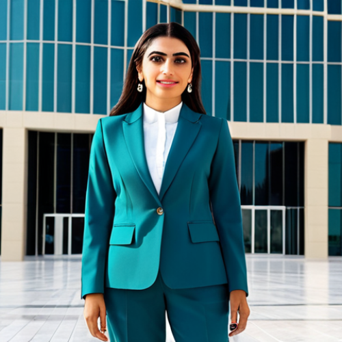 **

"A professional Arab businesswoman in a modest, elegant business suit, standing confidently in front of a modern office building in Dubai, fully clothed, appropriate attire, safe for work, perfect anatomy, natural proportions, professional photography, high quality, family-friendly."

**