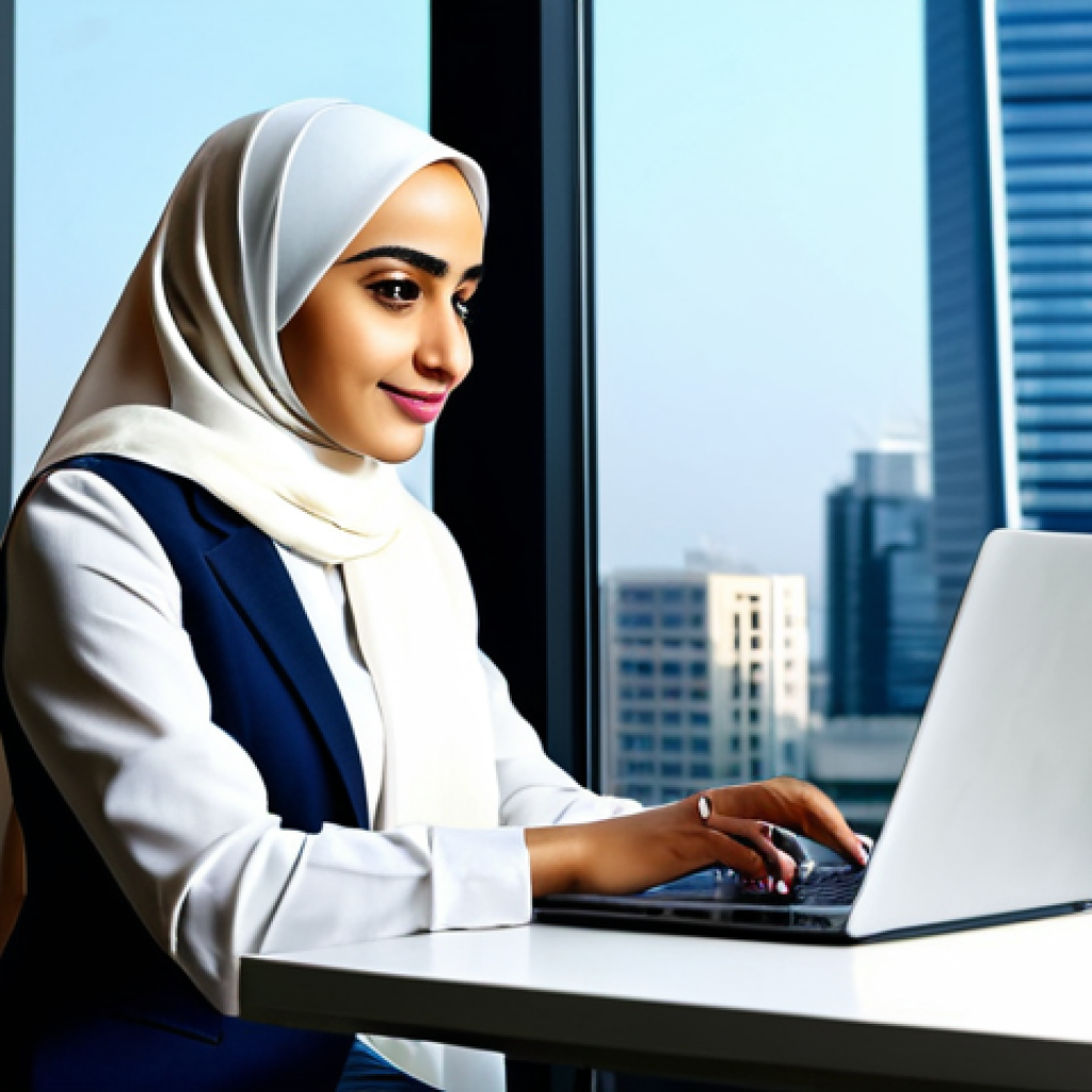 **

"A successful Arab businesswoman in professional attire, a stylish and modest hijab, working on a laptop in a modern office overlooking a vibrant cityscape, fully clothed, appropriate content, safe for work, perfect anatomy, natural proportions, professional photography, high quality, family-friendly, well-formed hands, proper finger count."

**