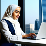 **

"A successful Arab businesswoman in professional attire, a stylish and modest hijab, working on a laptop in a modern office overlooking a vibrant cityscape, fully clothed, appropriate content, safe for work, perfect anatomy, natural proportions, professional photography, high quality, family-friendly, well-formed hands, proper finger count."

**