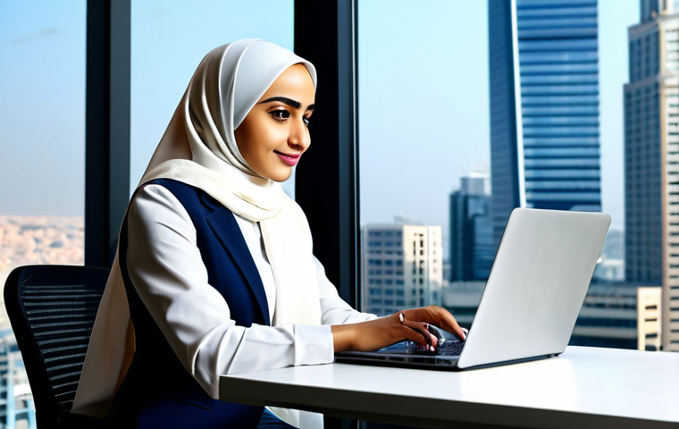 **

"A successful Arab businesswoman in professional attire, a stylish and modest hijab, working on a laptop in a modern office overlooking a vibrant cityscape, fully clothed, appropriate content, safe for work, perfect anatomy, natural proportions, professional photography, high quality, family-friendly, well-formed hands, proper finger count."

**