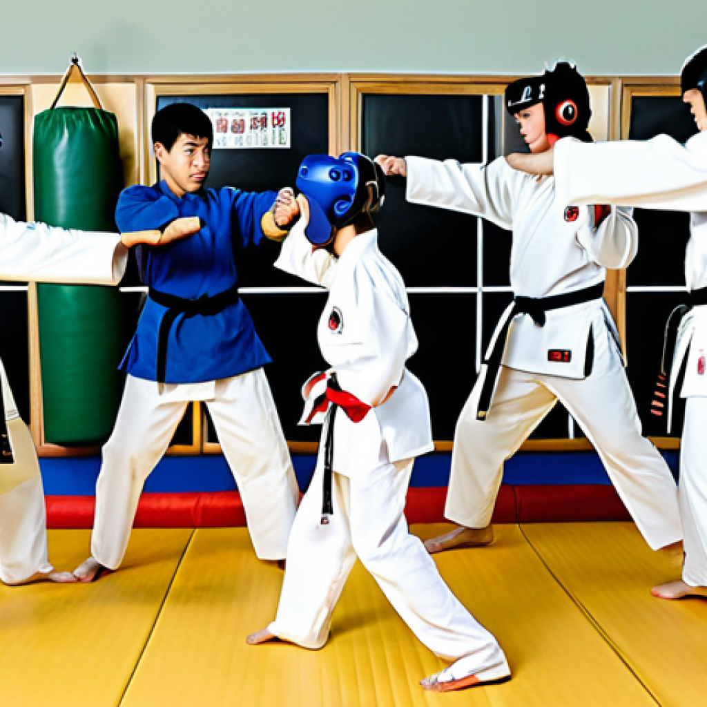 Taekwondo Training Safety**

"A diverse group of Taekwondo students, fully clothed in doboks (uniforms) and protective gear (headgear, chest protectors, shin guards), practicing basic stances and kicks in a bright, clean dojang. The instructor, also fully clothed, demonstrates proper technique. Background includes safety posters and mats. Action shot, dynamic composition, demonstrating focus on safety and controlled movements. Safe for work, appropriate content, family-friendly, professional martial arts training. Perfect anatomy, correct proportions, well-formed hands, natural pose."

**
