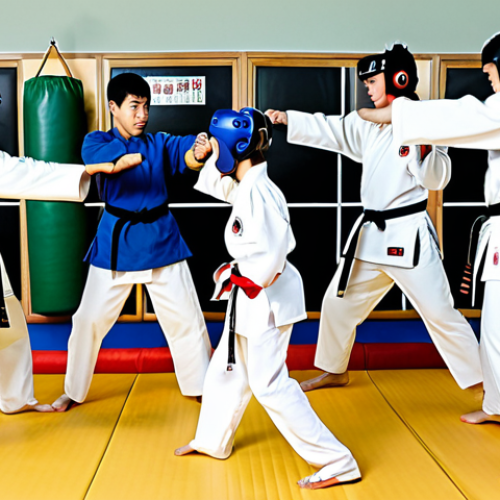 Taekwondo Training Safety**

"A diverse group of Taekwondo students, fully clothed in doboks (uniforms) and protective gear (headgear, chest protectors, shin guards), practicing basic stances and kicks in a bright, clean dojang. The instructor, also fully clothed, demonstrates proper technique. Background includes safety posters and mats. Action shot, dynamic composition, demonstrating focus on safety and controlled movements. Safe for work, appropriate content, family-friendly, professional martial arts training. Perfect anatomy, correct proportions, well-formed hands, natural pose."

**
