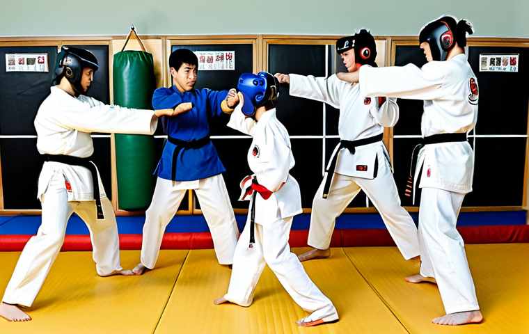 Taekwondo Training Safety**

"A diverse group of Taekwondo students, fully clothed in doboks (uniforms) and protective gear (headgear, chest protectors, shin guards), practicing basic stances and kicks in a bright, clean dojang. The instructor, also fully clothed, demonstrates proper technique. Background includes safety posters and mats. Action shot, dynamic composition, demonstrating focus on safety and controlled movements. Safe for work, appropriate content, family-friendly, professional martial arts training. Perfect anatomy, correct proportions, well-formed hands, natural pose."

**