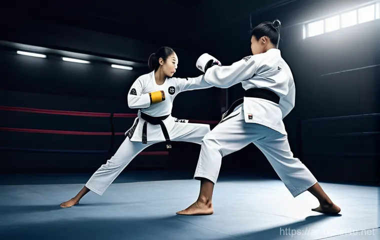 태권도와 MMA 비교 분석 - **Prompt:** An athletic, determined male or female MMA fighter (aged 20-30) training intensely in a ...