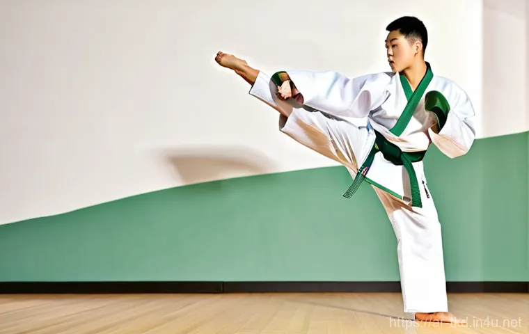 태권도 기초 학습 방법 - **Prompt:** A young adult Taekwondo practitioner, male or female, wearing a crisp, clean white dobok...