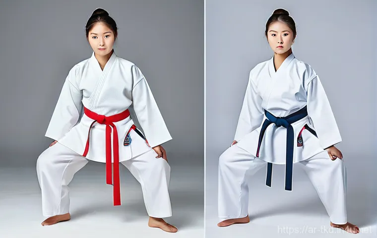 태권도 수련의 기본 규칙 - **Prompt 1: The Journey to Self-Confidence through Taekwondo** "A visually striking split image....
