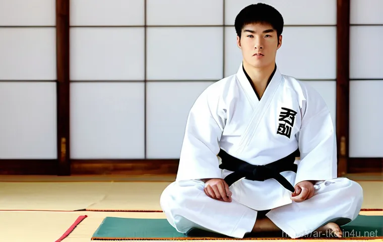태권도 트레이닝 효과 극대화 - **Prompt: Mindful Preparation in a Traditional Dojang** A highly focused male Taekwondo practiti...