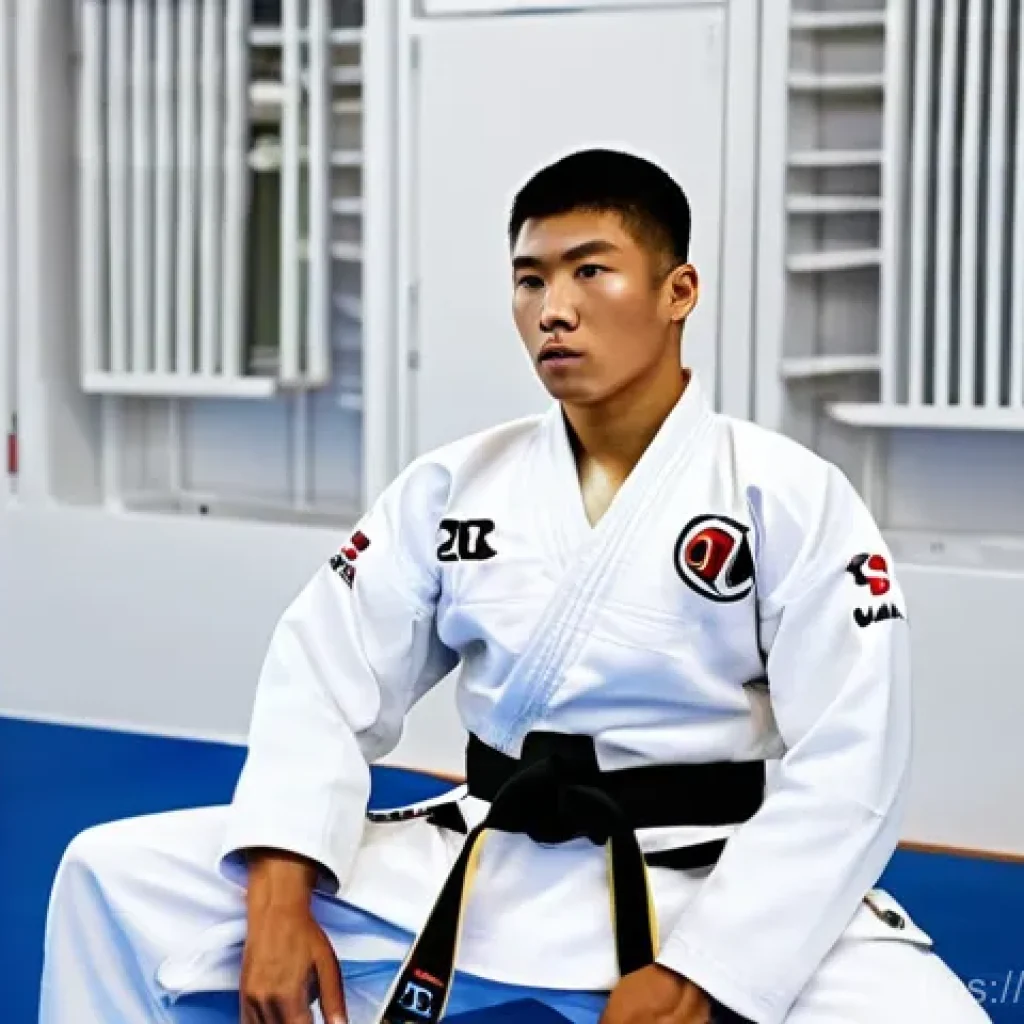 태권도 겨루기 기술 팁 - **Strategic Pre-Fight Analysis:** A focused male Taekwondo athlete, approximately 20-25 years old, s...