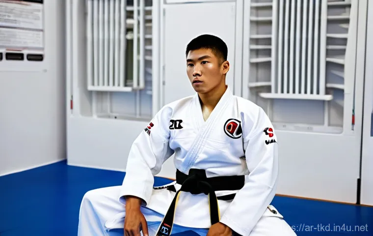 태권도 겨루기 기술 팁 - **Strategic Pre-Fight Analysis:** A focused male Taekwondo athlete, approximately 20-25 years old, s...