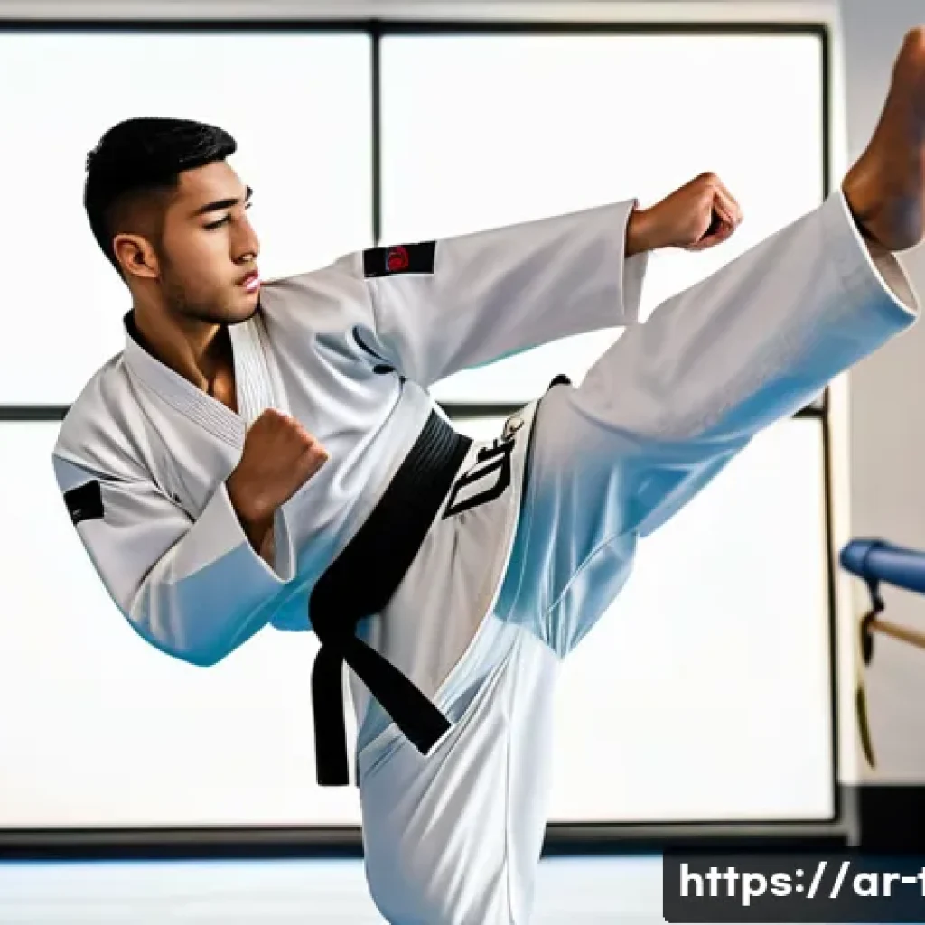 태권도 국제대회 준비 가이드 - A focused young Arab male Taekwondo athlete practicing advanced kicking techniques in a modern marti...
