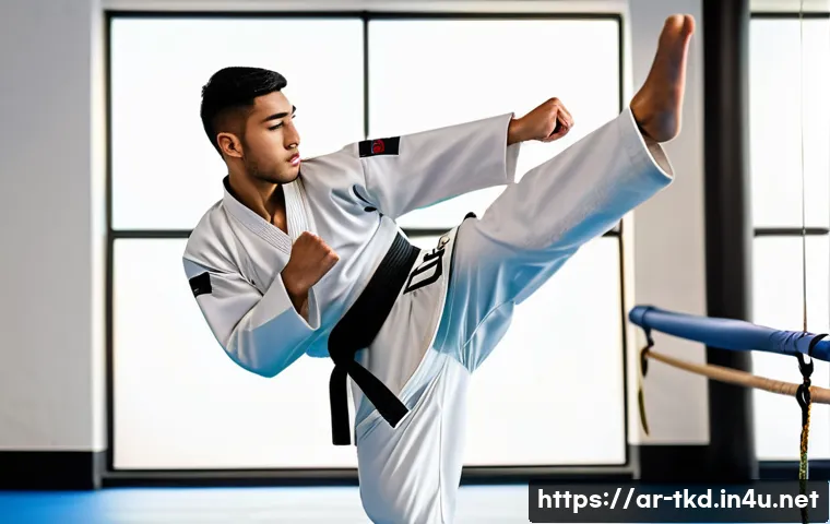 태권도 국제대회 준비 가이드 - A focused young Arab male Taekwondo athlete practicing advanced kicking techniques in a modern marti...