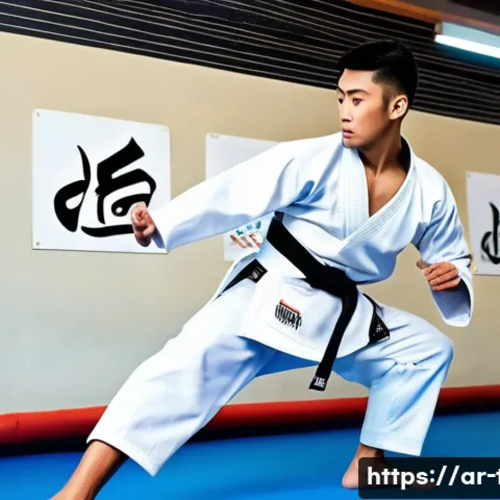 태권도 동작별 소모 칼로리 - A dynamic scene of a skilled male Taekwondo athlete performing a fast and precise Jauib kick in a mo...