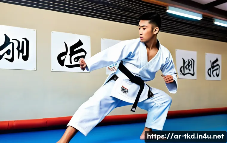 태권도 동작별 소모 칼로리 - A dynamic scene of a skilled male Taekwondo athlete performing a fast and precise Jauib kick in a mo...