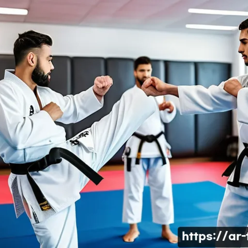 태권도 커뮤니티 가입 이점 - A diverse group of Arabic Taekwondo practitioners training together in a bright, modern dojo decorat...