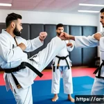 Home 22 태권도 커뮤니티 가입 이점 - A diverse group of Arabic Taekwondo practitioners training together in a bright, modern dojo decorat...