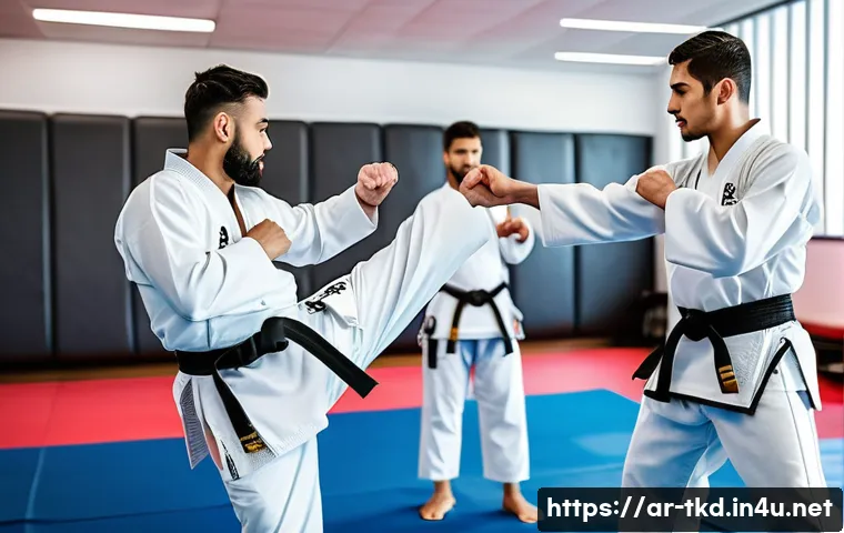 태권도 커뮤니티 가입 이점 - A diverse group of Arabic Taekwondo practitioners training together in a bright, modern dojo decorat...