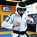 Home 21 태권도 트렌드 분석 - A dynamic training scene in a modern Taekwondo gym featuring an Arab male athlete wearing protective...