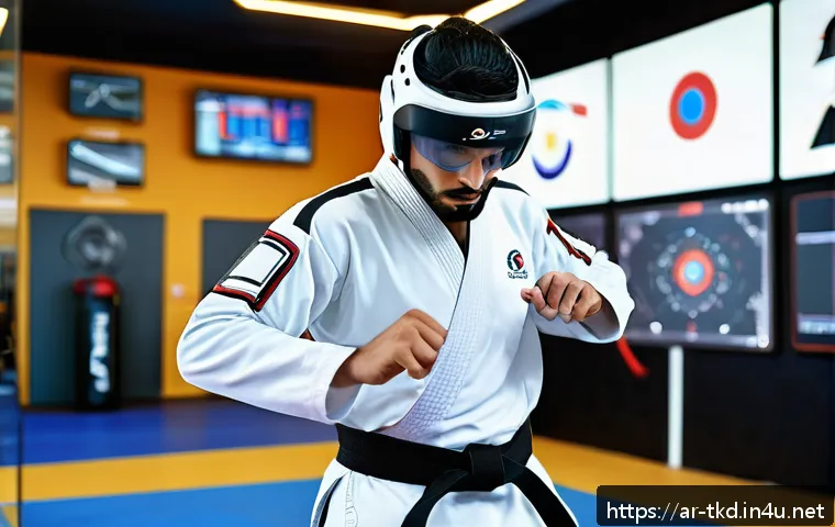 태권도 트렌드 분석 - A dynamic training scene in a modern Taekwondo gym featuring an Arab male athlete wearing protective...