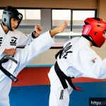 Home 20 태권도 초보자가 주의해야 할 점 - A dynamic training scene set in a traditional taekwondo dojang decorated with Arabic calligraphy ban...