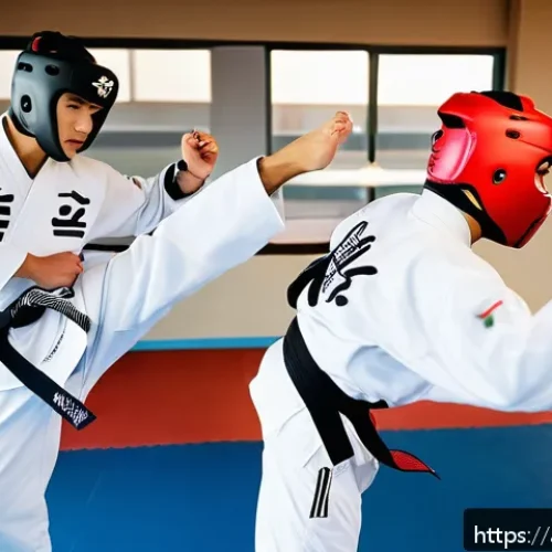 Home 32 태권도 초보자가 주의해야 할 점 - A dynamic training scene set in a traditional taekwondo dojang decorated with Arabic calligraphy ban...