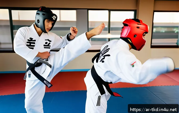 태권도 초보자가 주의해야 할 점 - A dynamic training scene set in a traditional taekwondo dojang decorated with Arabic calligraphy ban...