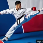 Home 19 태권도 도복 추천 브랜드 - A professional Taekwondo athlete wearing a modern, high-quality taekwondo uniform made from a lightw...