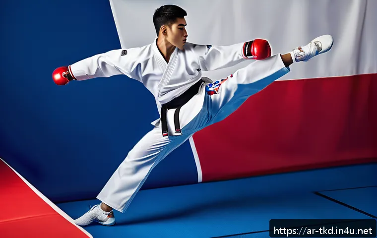 태권도 도복 추천 브랜드 - A professional Taekwondo athlete wearing a modern, high-quality taekwondo uniform made from a lightw...
