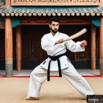 Home 18 태권도 무기술 배우기 - A dynamic scene of an Arabic male taekwondo practitioner in traditional taekwondo dobok with light p...