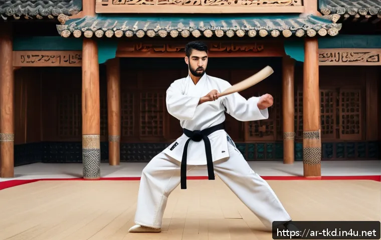 태권도 무기술 배우기 - A dynamic scene of an Arabic male taekwondo practitioner in traditional taekwondo dobok with light p...