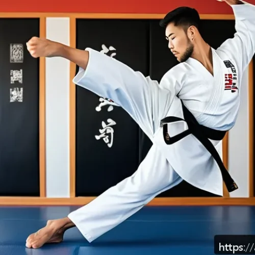 Home 17 태권도 발차기 강화 기술 - A skilled taekwondo practitioner, wearing traditional dobok with a belt, executing a high, balanced ...
