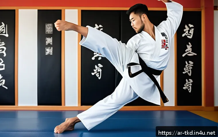 태권도 발차기 강화 기술 - A skilled taekwondo practitioner, wearing traditional dobok with a belt, executing a high, balanced ...