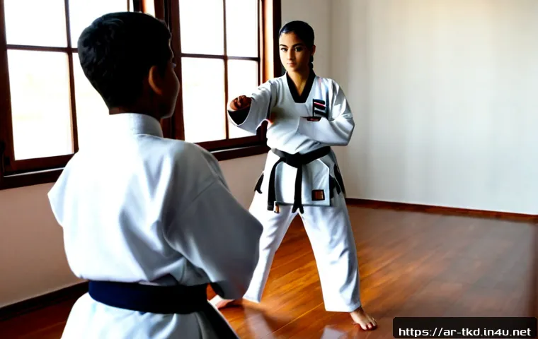 태권도 용어 완벽 정리 - Photorealistic taekwondo instructor in a clean bright dojang demonstrating a powerful front stance a...
