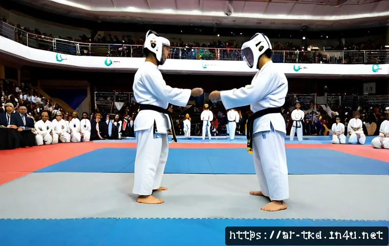 Home 17 태권도 겨루기 경기장에서의 매너 - Photorealistic taekwondo sparring arena, two adult athletes in clean white doboks with protective ch...